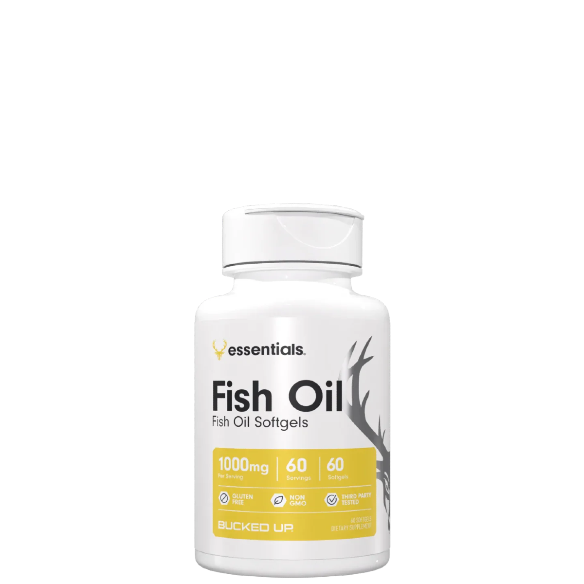 A bottle of Bucked Up Fish Oil softgels, with the label showing 1000mg dosage and 60 capsules.