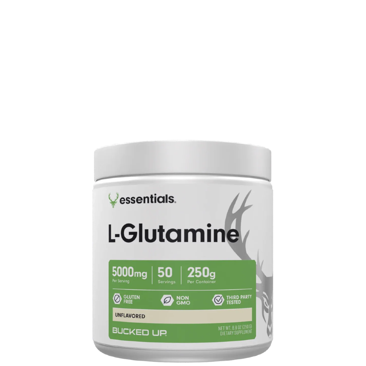 A container of Bucked Up L-Glutamine Powder, with the label showing the product name and its benefits for muscle recovery, immune system support, and gut health.