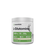 A container of Bucked Up L-Glutamine Powder, with the label showing the product name and its benefits for muscle recovery, immune system support, and gut health.