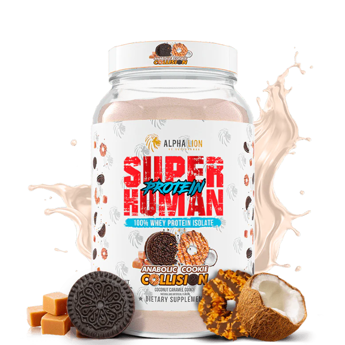 A container of Superhuman Protein powder with various flavors represented visually, such as cookies and cream and caramel, alongside graphical elements like a splash of milk and nuts.