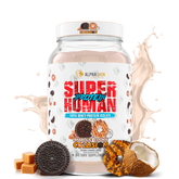 A container of Superhuman Protein powder with various flavors represented visually, such as cookies and cream and caramel, alongside graphical elements like a splash of milk and nuts.