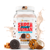 A container of Superhuman Protein powder with various flavors represented visually, such as cookies and cream and caramel, alongside graphical elements like a splash of milk and nuts.
