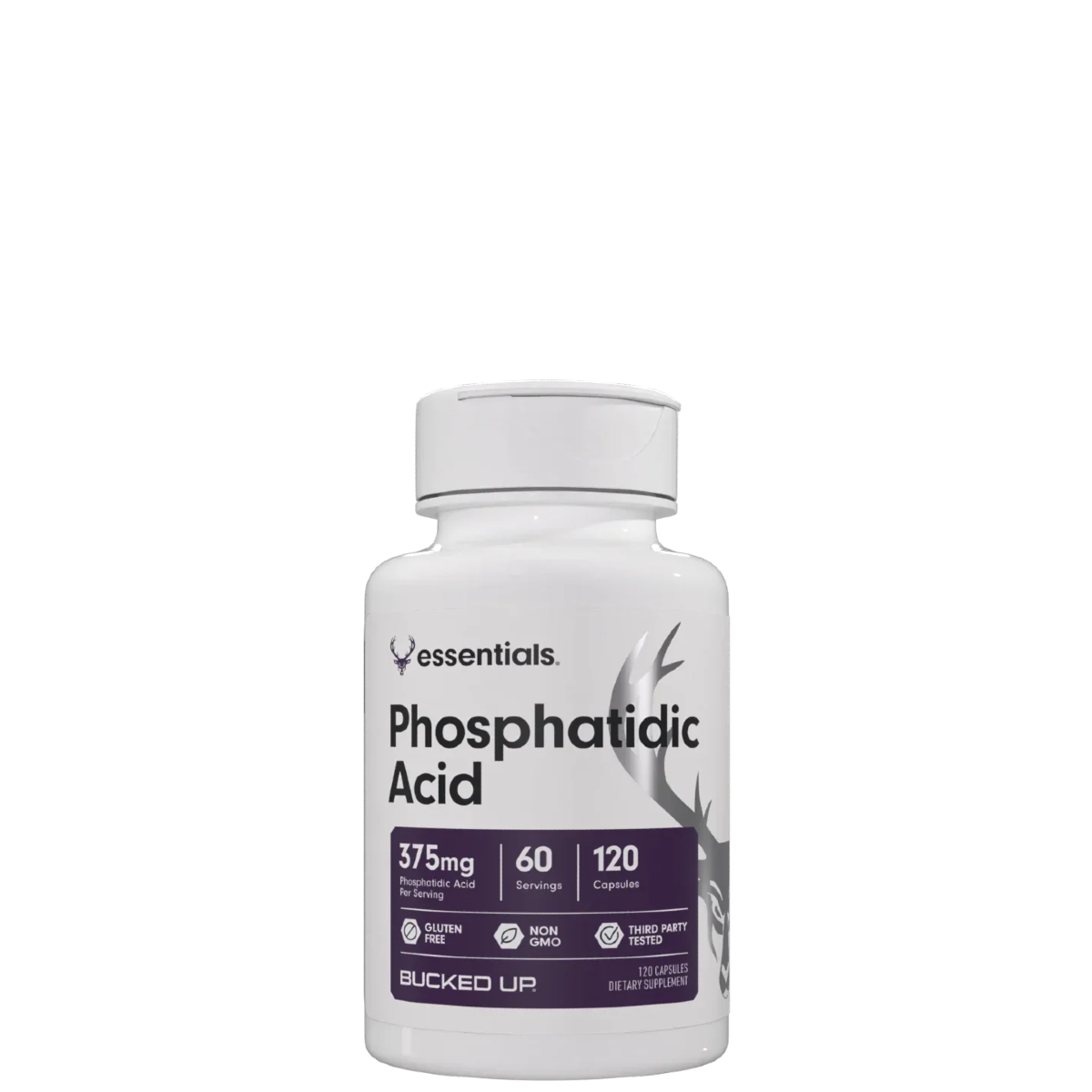 A bottle of Phosphatidic Acid supplement by Bucked Up, with 375mg dosage and 120 capsules per bottle.