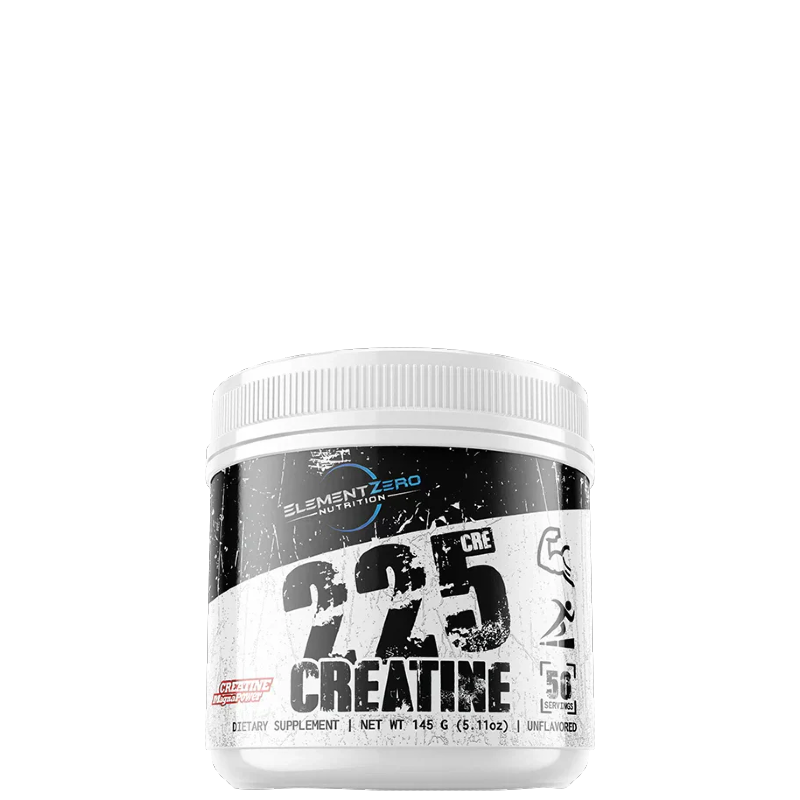 A container of Element Zero 225 Servings Creatine, with branding and text detailing the product name and contents.