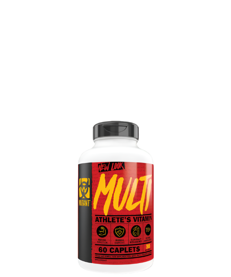 A bottle of 'MULTI - Athlete's Vitamin' with red and black label featuring yellow text, indicating the product is a daily formula for athletes with 75+ micronutrients and performance optimizers in easy-to-swallow tablets.