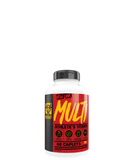 A bottle of 'MULTI - Athlete's Vitamin' with red and black label featuring yellow text, indicating the product is a daily formula for athletes with 75+ micronutrients and performance optimizers in easy-to-swallow tablets.