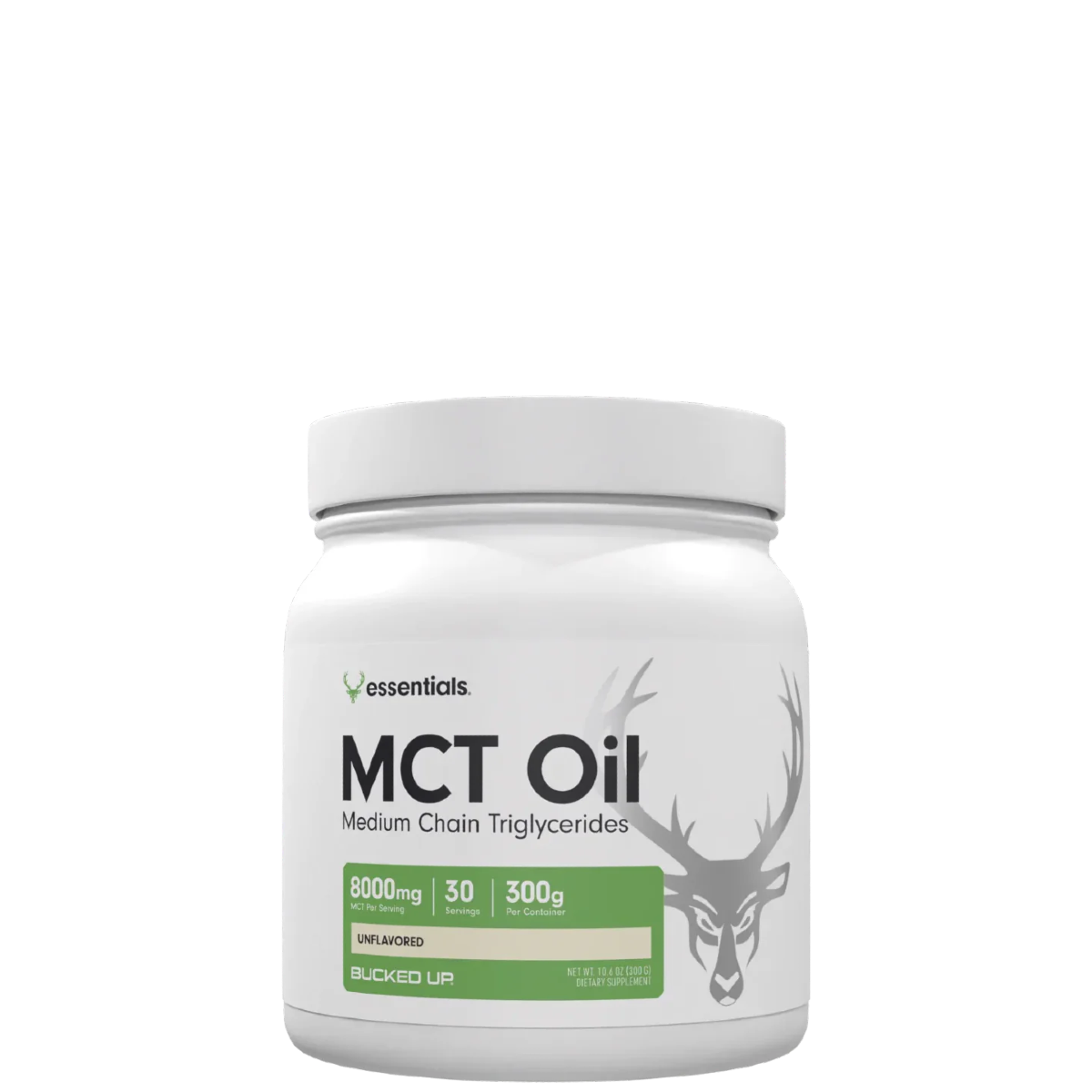 A container of MCT Oil Powder with the brand logo and product information displayed on the label.