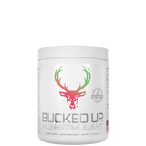 A container of Bucked Up Non-Stimulant Pre-Workout supplement with a white background and a purple logo of a deer head