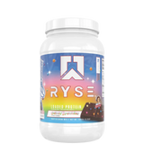 A container of Ryse Loaded Protein powder with a pink label featuring an image of a strawberry, indicating a possible flavor.