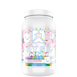 A container of Ryse Loaded Protein powder with a pink label featuring an image of a strawberry, indicating a possible flavor.