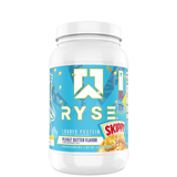 A container of Ryse Loaded Protein powder with a pink label featuring an image of a strawberry, indicating a possible flavor.