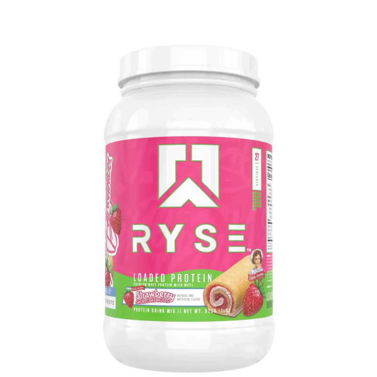 A container of Ryse Loaded Protein powder with a pink label featuring an image of a strawberry, indicating a possible flavor.