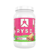 A container of Ryse Loaded Protein powder with a pink label featuring an image of a strawberry, indicating a possible flavor.