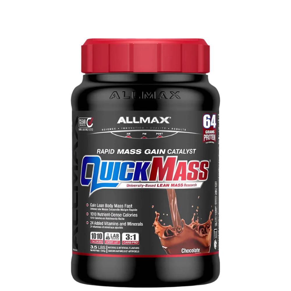 A container of QuickMass mass gainer protein powder by AllMax Nutrition in chocolate flavor.