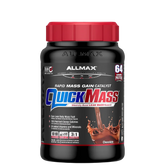 A container of QuickMass mass gainer protein powder by AllMax Nutrition in chocolate flavor.