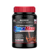A container of QuickMass mass gainer protein powder by AllMax Nutrition in chocolate flavor.