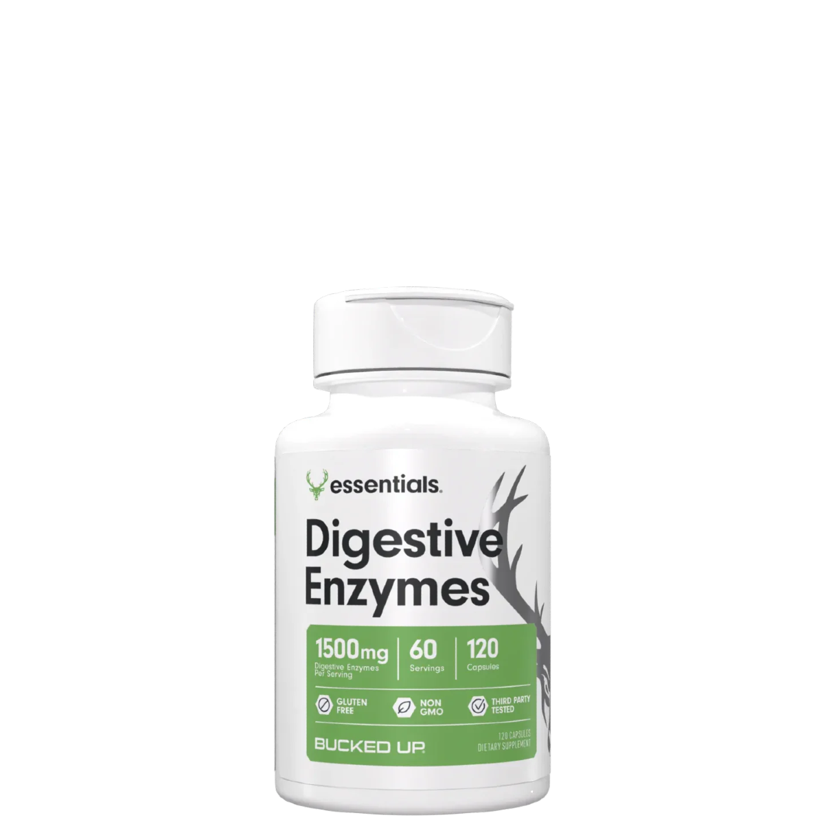 A bottle of Bucked Up Digestive Enzymes supplement with a white and green label, indicating the product is for muscle growth, fat loss, and general health.