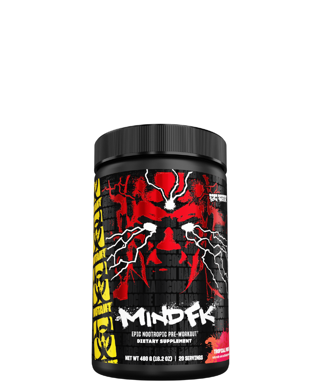 A container of MUTANT MIND FK, a pre-workout supplement with a black, red, and yellow label featuring a biohazard symbol and text.
