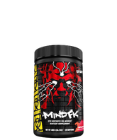 A container of MUTANT MIND FK, a pre-workout supplement with a black, red, and yellow label featuring a biohazard symbol and text.