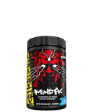 A container of MUTANT MIND FK, a pre-workout supplement with a black, red, and yellow label featuring a biohazard symbol and text.