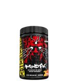 A container of MUTANT MIND FK, a pre-workout supplement with a black, red, and yellow label featuring a biohazard symbol and text.