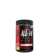 Container of MUTANT MADNESS ALL-IN full-dose pre-workout supplement with various ingredients listed on the label.