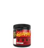 A container of GLUTAMINE Premium Micronized L-Glutamine with red and black label featuring product information.