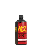 A bottle of MCT OIL with red and black label, indicating it contains Medium Chain Triglycerides, with additional branding and nutritional information.