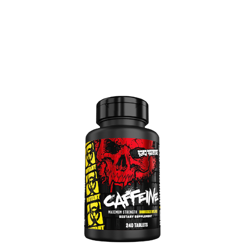 A bottle of MUTANT CAFFEINE supplement with a graphic design featuring a skull and text on the label.
