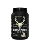 A container of Bucked Up Original Buck Feed protein powder with a deer logo on the label.
