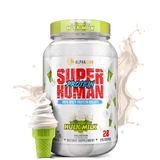 A container of Superhuman Protein powder with various flavors represented visually, such as cookies and cream and caramel, alongside graphical elements like a splash of milk and nuts.