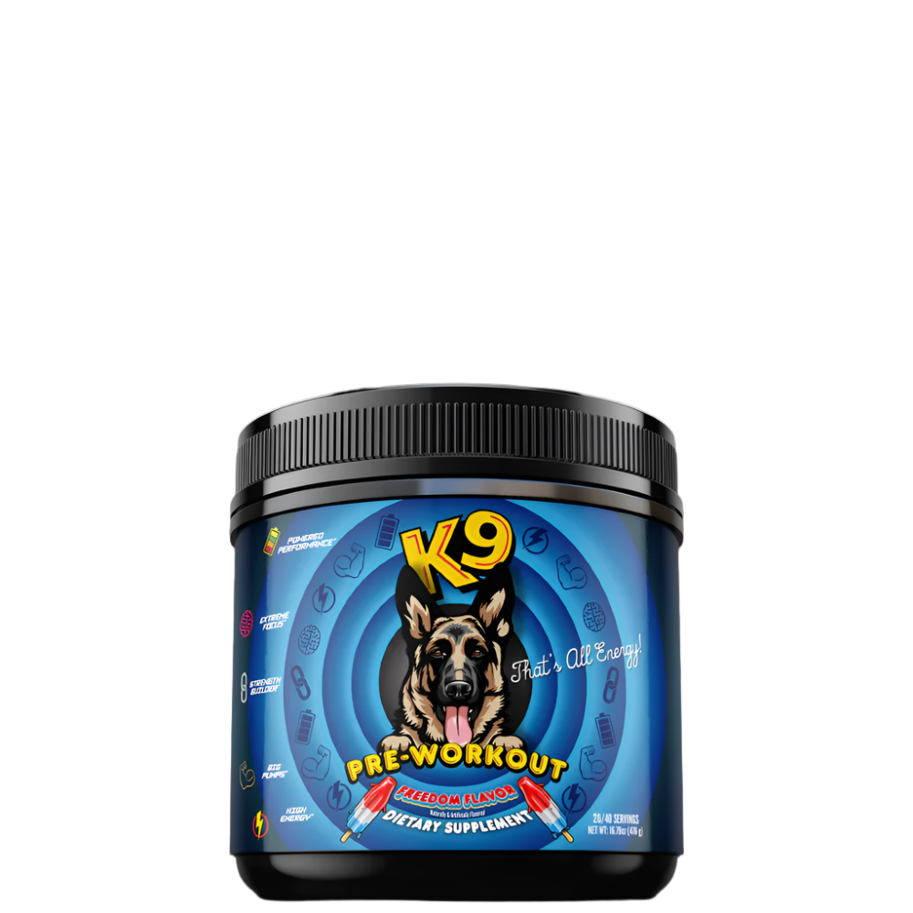 A container of K9 Pre-Workout supplement with a blue color scheme and an image of a dog on the label.