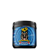 A container of K9 Pre-Workout supplement with a blue color scheme and an image of a dog on the label.