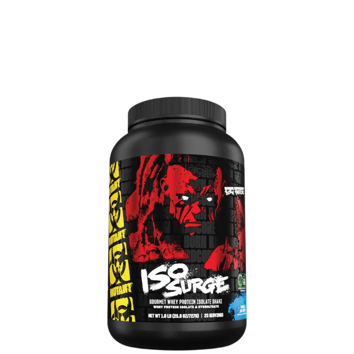 A container of MUTANT ISO SURGE protein powder with a red and black design, featuring a graphic of a character and text.