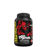 A container of MUTANT ISO SURGE protein powder with a red and black design, featuring a graphic of a character and text.
