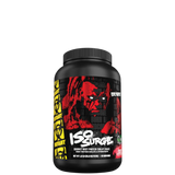 A container of MUTANT ISO SURGE protein powder with a red and black design, featuring a graphic of a character and text.