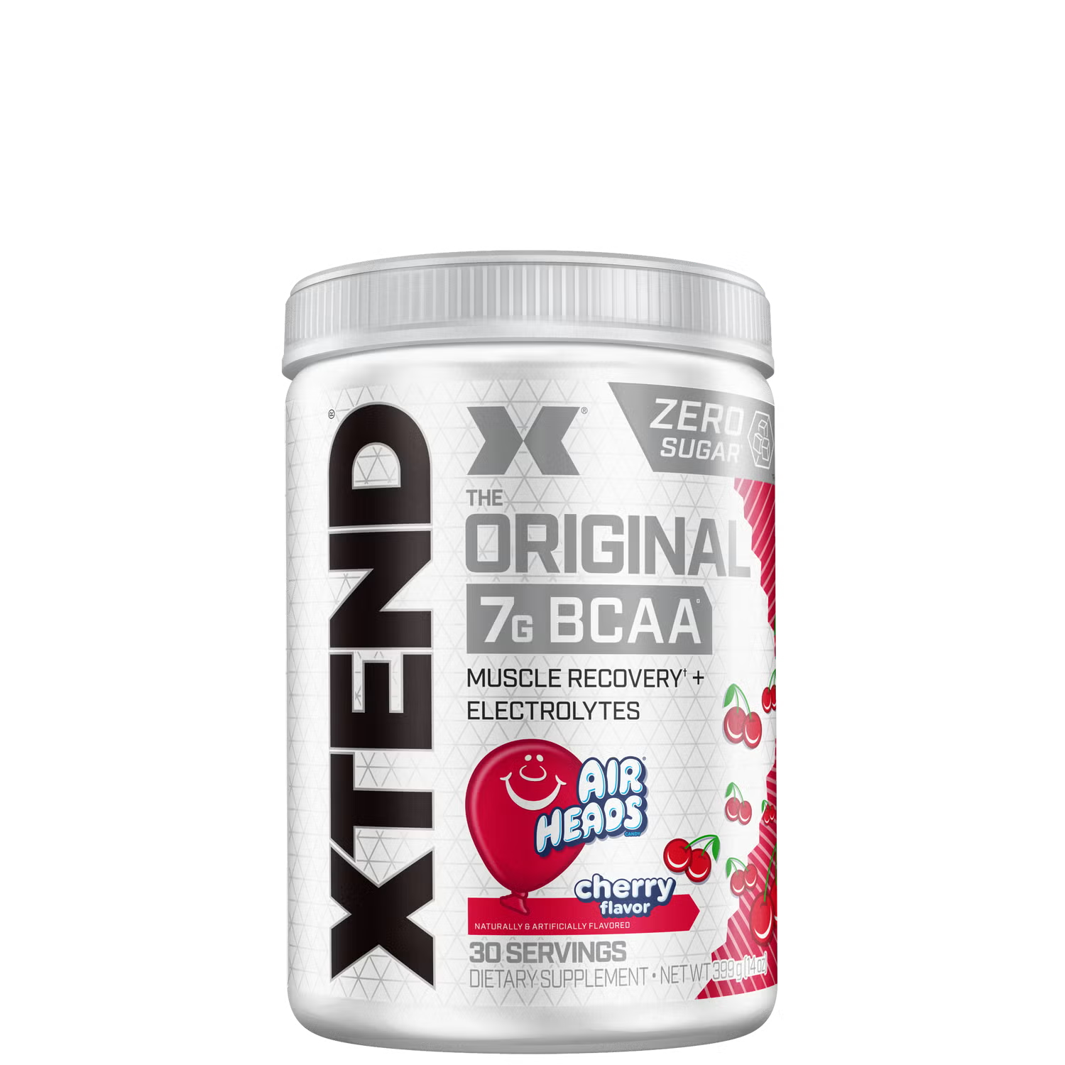 A container of XTEND Original BCAA Powder with cherry flavor, zero sugar, and 7g BCAAs, designed for muscle recovery and hydration.