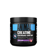A container of Animal Creatine Performance Chew Tabs in fruit punch flavor, with a black and blue label, and 120 chewable tablets inside.