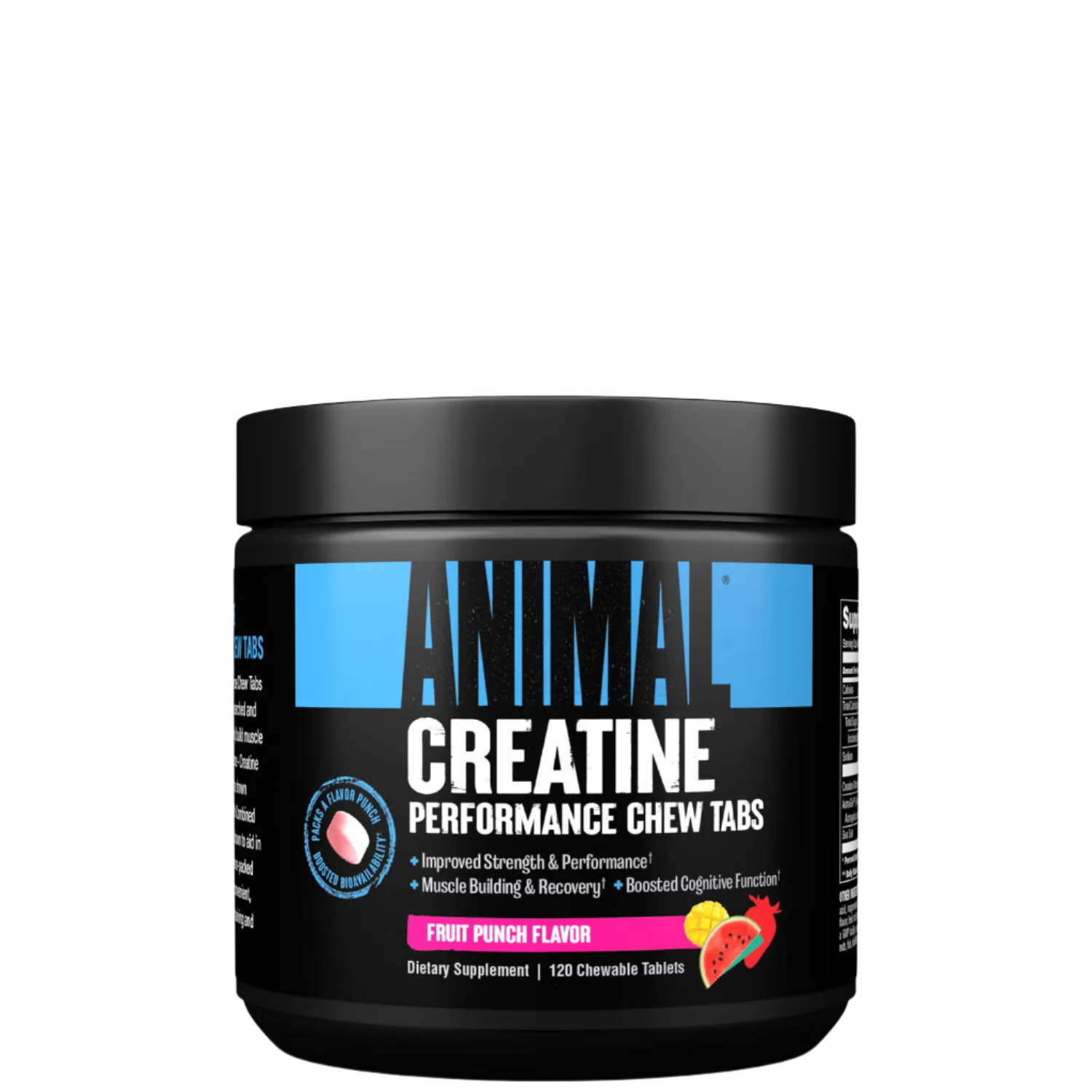 A container of Animal Creatine Performance Chew Tabs in fruit punch flavor, with a black and blue label, and a white background.