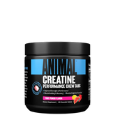 A container of Animal Creatine Performance Chew Tabs in fruit punch flavor, with a black and blue label, and a white background.