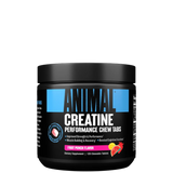 A container of Animal Creatine Performance Chew Tabs in fruit punch flavor, with a black and blue label, and a white background.
