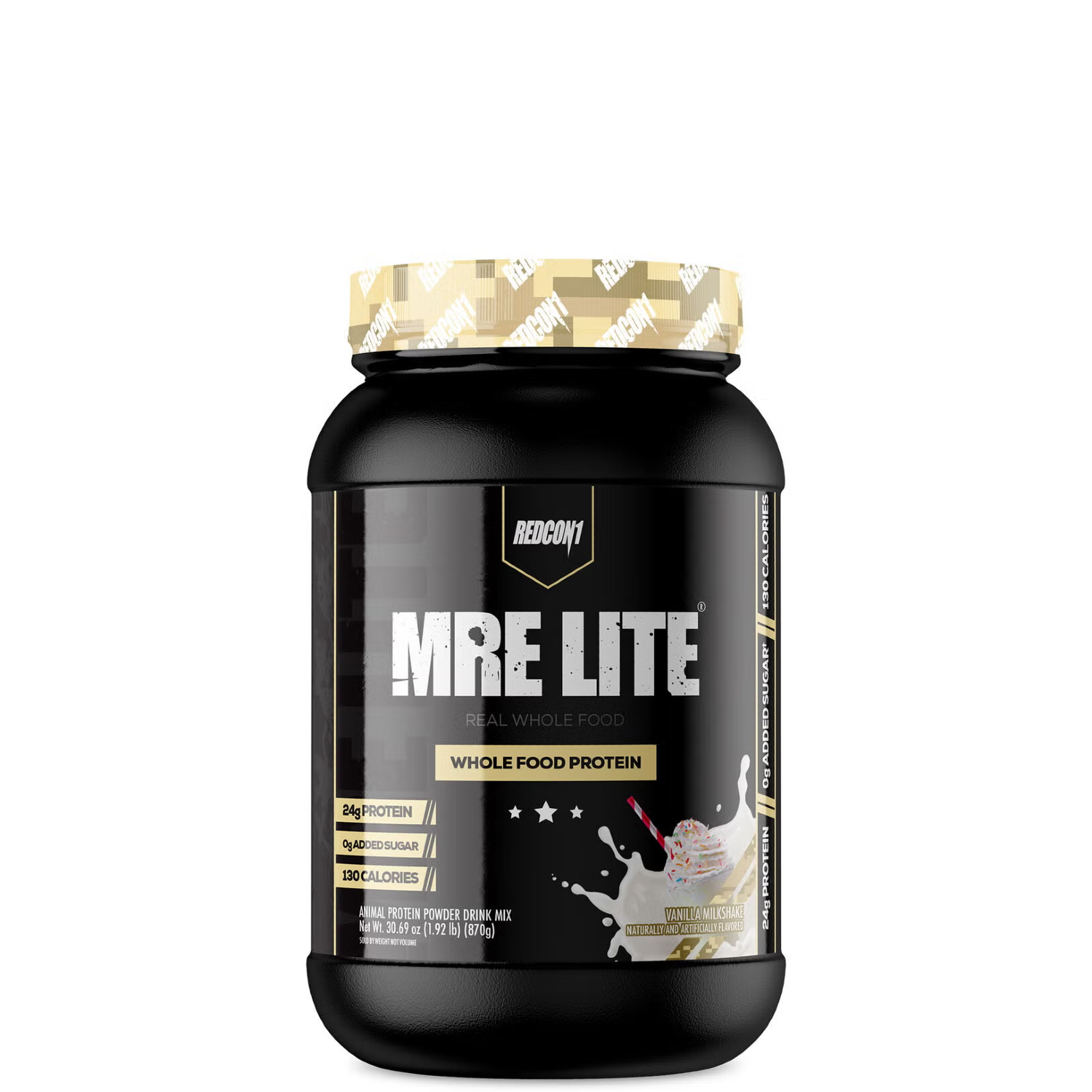 A container of MRE LITE Whole Food Protein powder with a label showing the product name and 'PROTEIN' text.