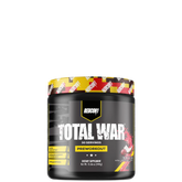 A container of REDCON1 TOTAL WAR preworkout supplement with a camouflage design and red and yellow accents.