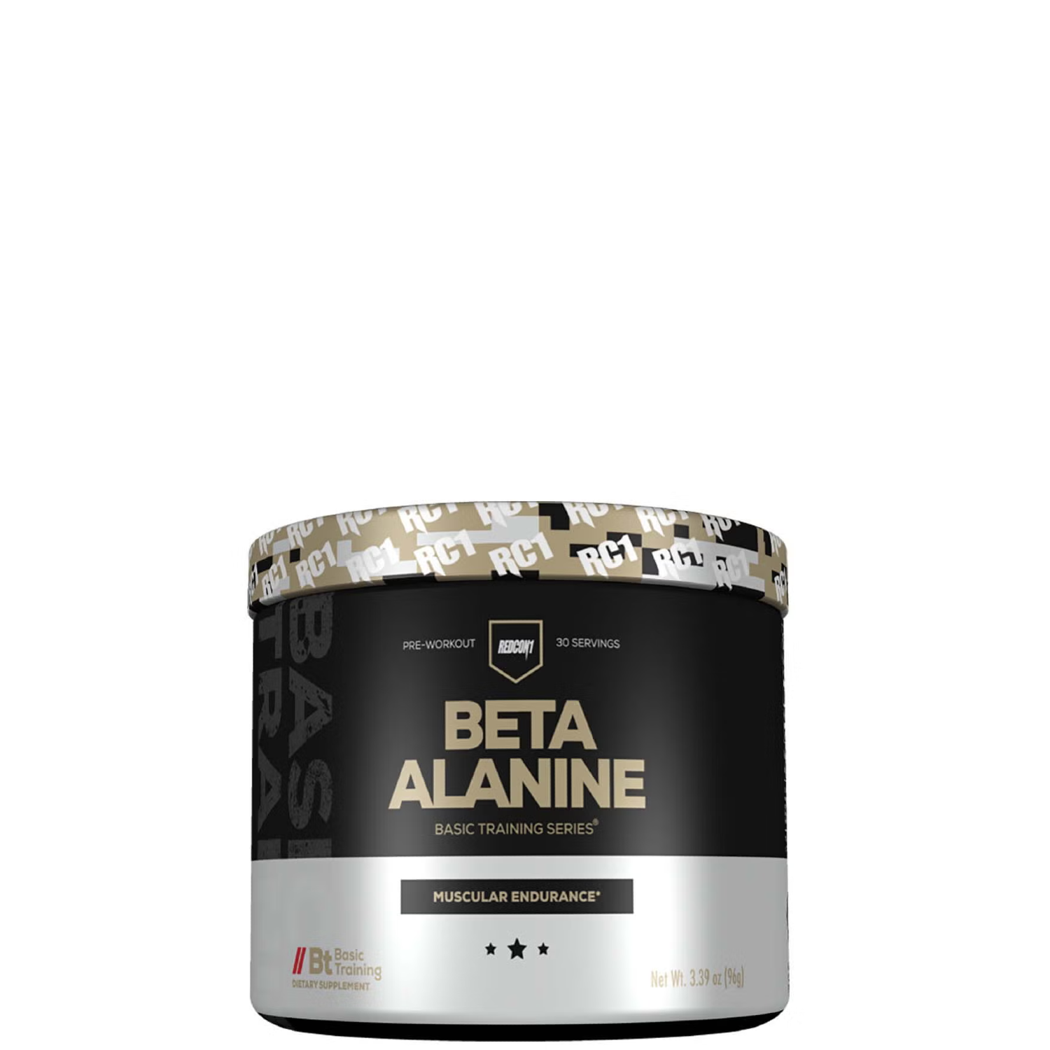 A container of REDCON1 Beta Alanine pre-workout powder with a black and silver color scheme and camouflage pattern.