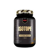A container of ISOTOPE 100% Whey Isolate protein powder with a black label and camouflage pattern on the lid.