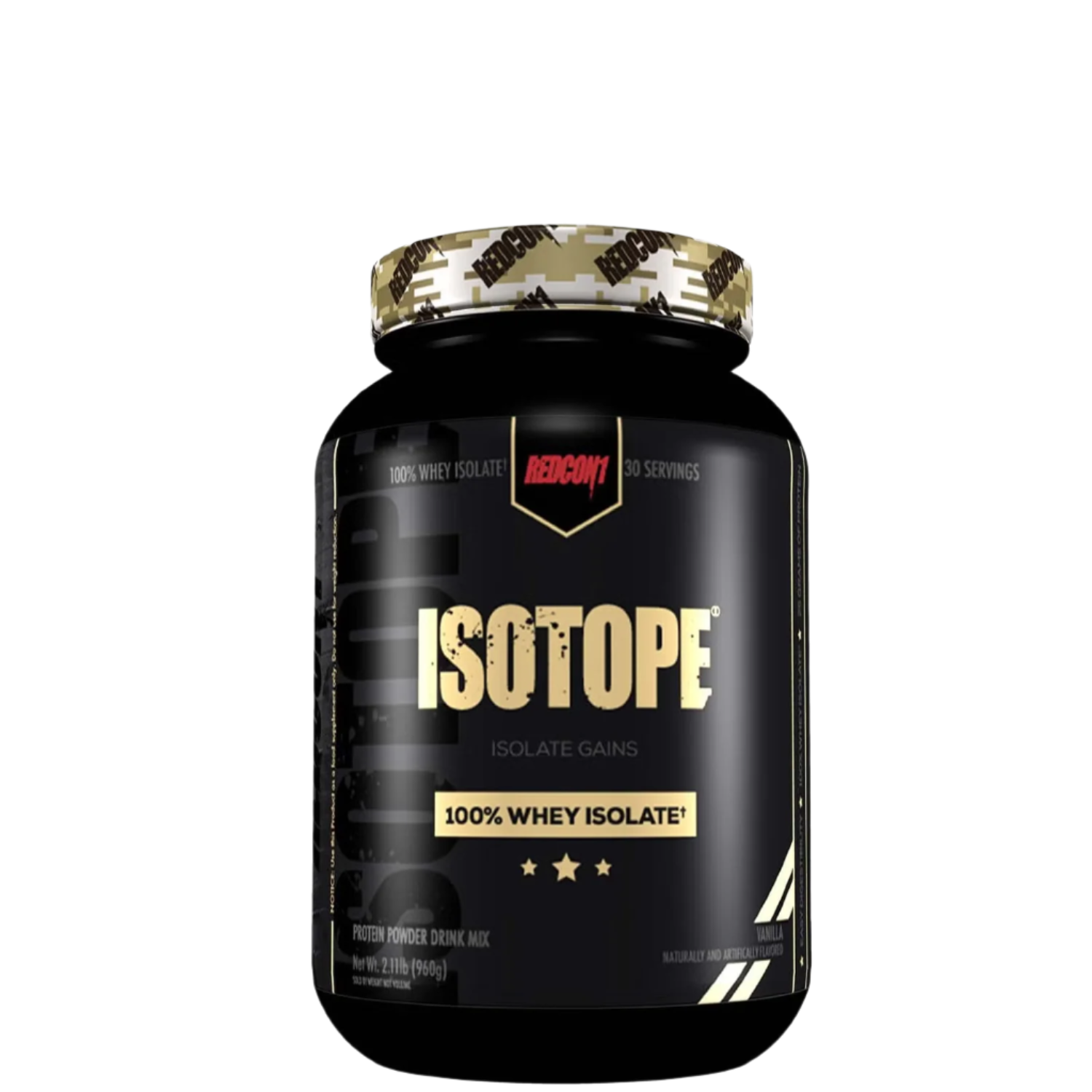A container of ISOTOPE 100% Whey Isolate protein powder with a black label and camouflage pattern on the lid.