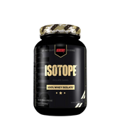 A container of ISOTOPE 100% Whey Isolate protein powder with a black label and camouflage pattern on the lid.