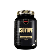 A container of ISOTOPE 100% Whey Isolate protein powder with a black label and camouflage pattern on the lid.