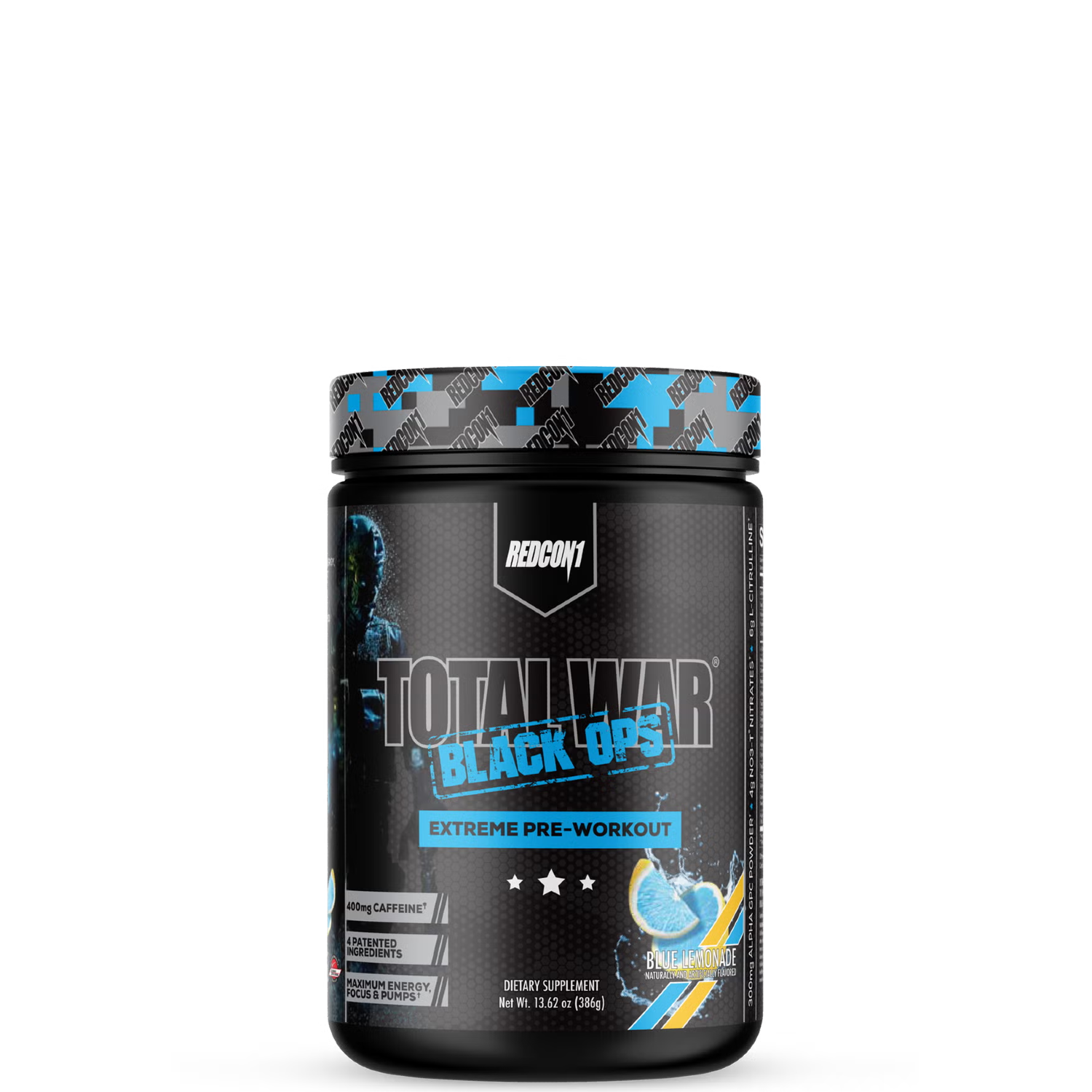 A container of REDCON1 TOTAL WAR BLACK OPS extreme pre workout powder.