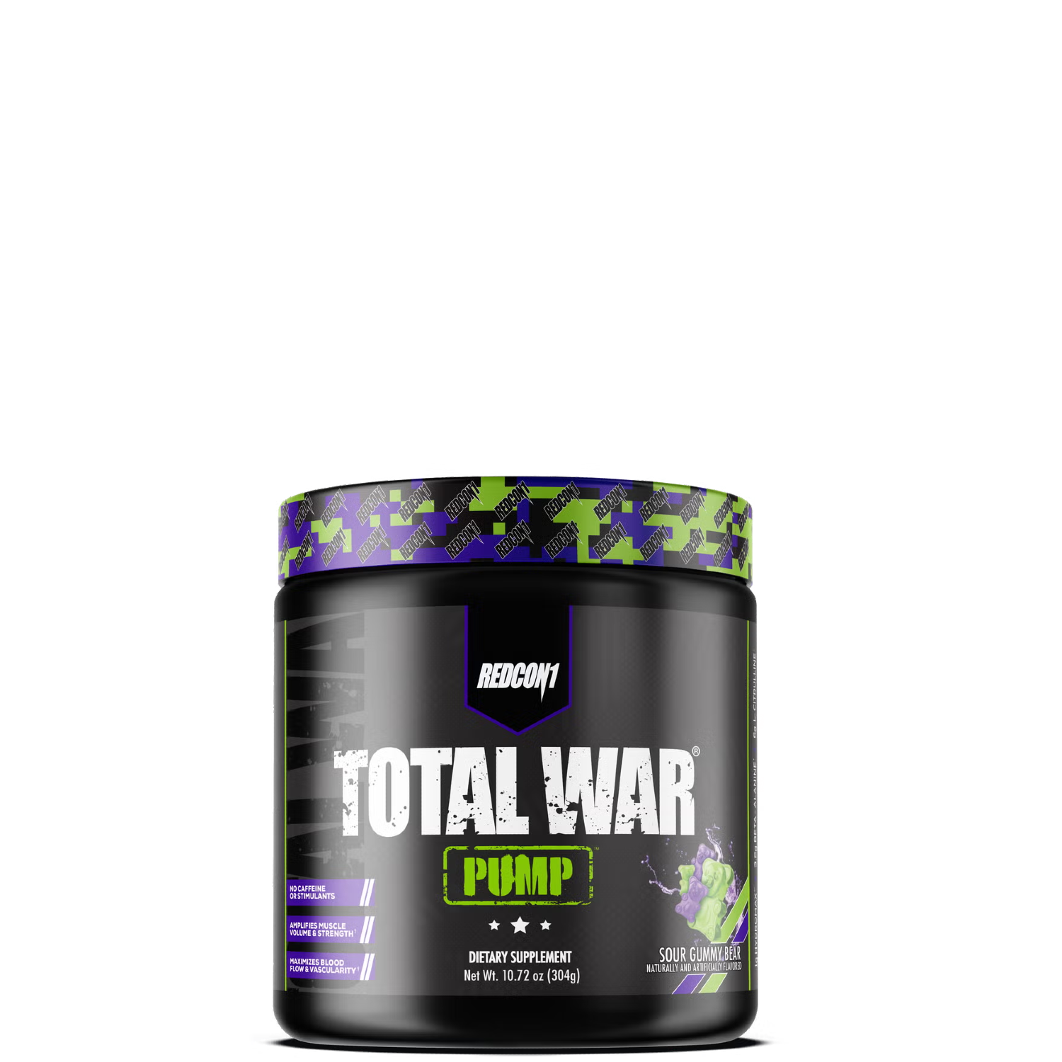 A container of TOTAL WAR PUMP non-stim pre-workout supplement by REDCON1 with a camouflage design on the label.
